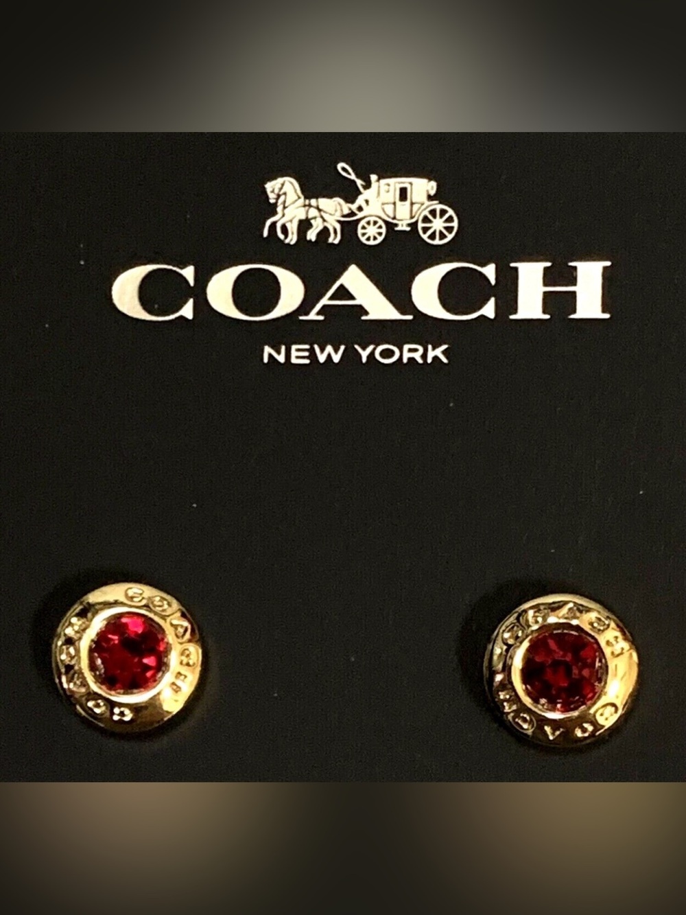 Coach Red Crystal & Gold-Tone Stud Earrings with “COACH” Engraved, NWT Retail$65
